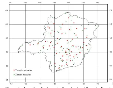 Figura 1.  Localização das estações pluviográficas do Estado de Minas Gerais utilizadas no trabalho