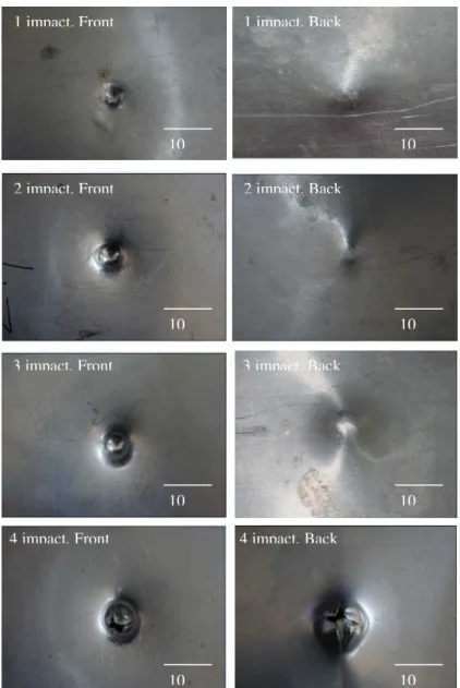 Fig. 4 Low magnification optical micrographs of impact-damaged Al FML (impacted  surface and rear surface) 