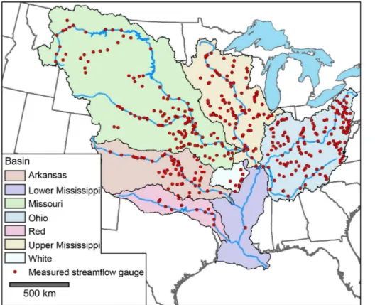 Fig. 1. Major sub-basins of the Mississippi and USGS gauging stations used for width valida- valida-tion.