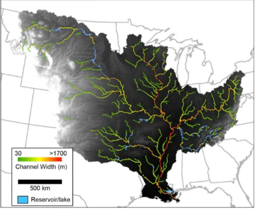 Fig. 5. Mississippi River width map (shown with USGS HydroSHEDS DEM) of ∼ 1.2 × 10 6 observations at 30 m resolution based on the NLCD open water classification.