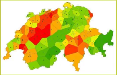 FIGURA 2:  Mapa estimado de pontos genéricos na Suiça. Note- Note-se que nunca existem regiões de valor nulo enquanto o tamanho  de  cada  sub-região  varia  inversamente  com  a  densidade  dos  pontos  existentes