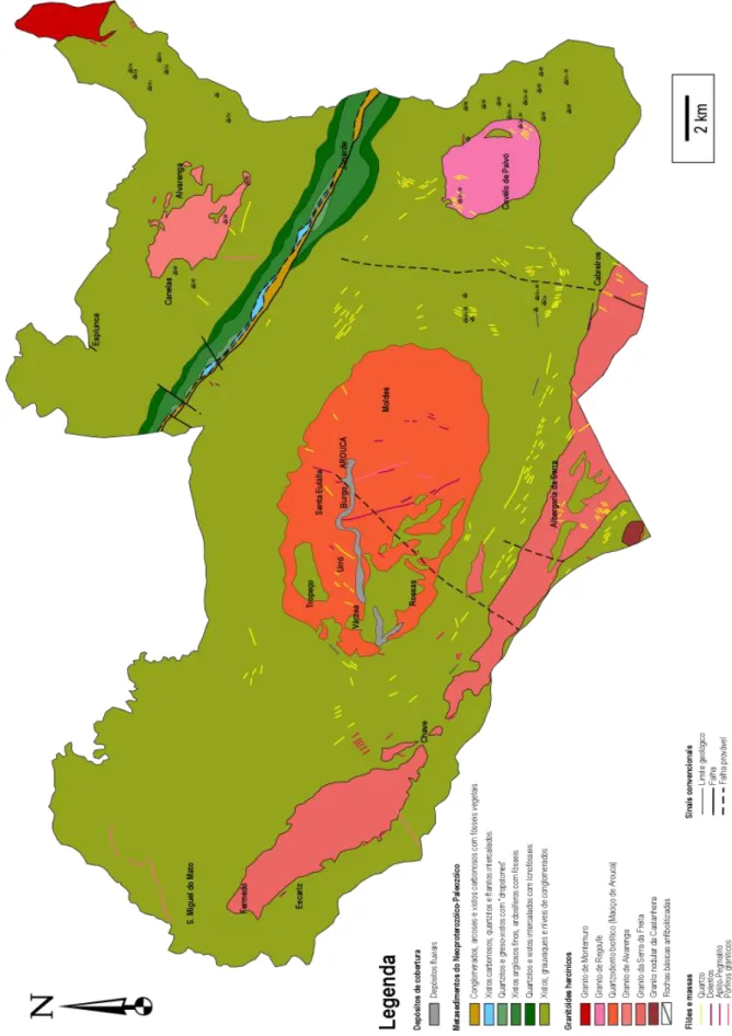FIGURA 1: Mapa geológico simplificado do Geoparque Arouca, adaptado das folhas 13-B (Medeiros et al., 1964), 13-D  (Pereira et al., 2007), 14-A (Teixeira et al., 1969) e 14-C (Schermerhorn, 1980) da Carta Geológica de Portugal à escala  1:50 000 (adaptado 