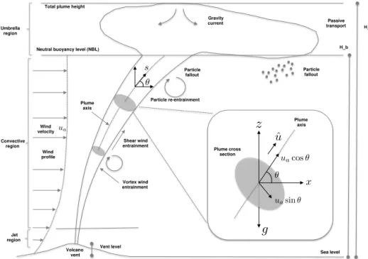 Figure 1. Sketch of an axisymmetric volcanic plume raising in a wind profile. Three different regions (jet thrust, convective thrust and umbrella) are indicated, with the convective region reaching a height H b (that of the neutral buoyancy level), and the