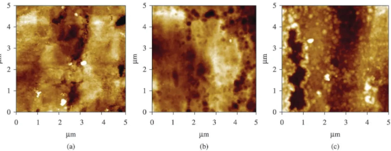 Figure 8. Atomic force microscopy images of (a) the bare substrate, (b) RF sputtered ilm and (c) PIIID ilm.