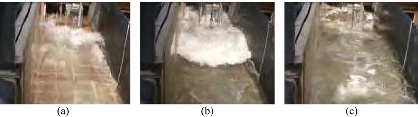 Figure 9. Hydraulic bore-structural model interaction: a) initial impact; b) run-up; and c) quasi-steady  flow 