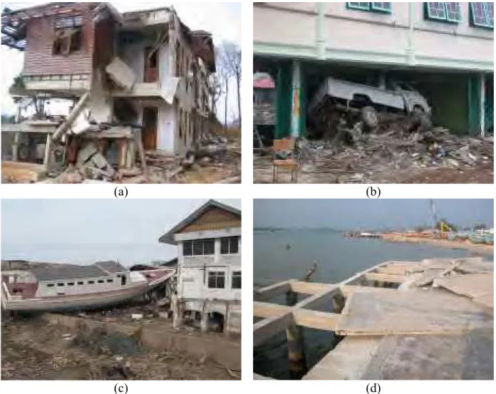 Figure 1. Effects of 2004 Indian Ocean tsunami on structures (Saatcioglu et al., 2006a, 2006b): a)  global damage to non-engineered concrete residential structure in Phuket Island, Thailand; b) debris  impact and damming in Banda Aceh, Indonesia; c) debris