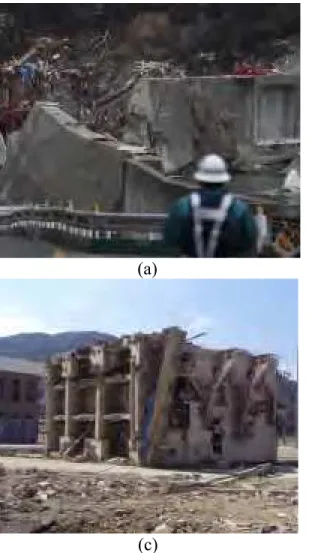 Figure 4. Effects of 2011 Japan tsunami on structures (Nistor, 2012): a) breaching and overtopping of  concrete sea walls in Taro; b) impact loading from large vessel in Otsuchi; c) overturning of  reinforced concrete apartment building in Onagawa; and d) 