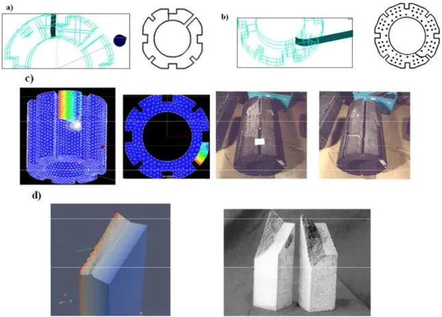 Figure 5: Crack paths obtained for the different test cases of the benchmark using the X-FEM (left) and experimental method (right)