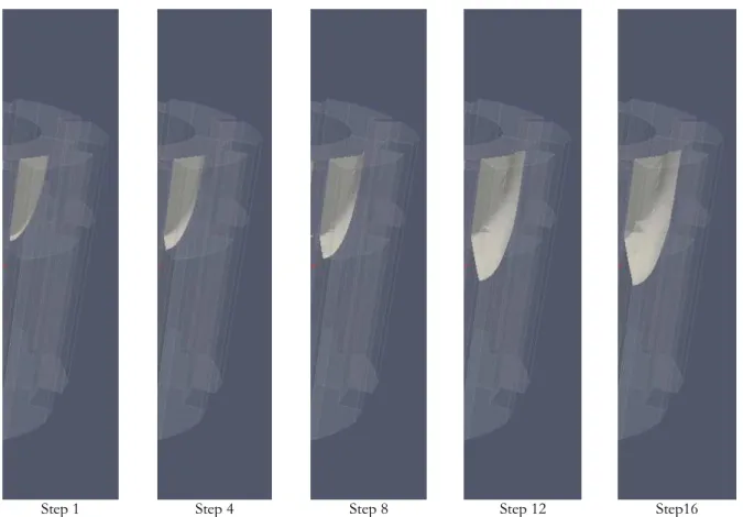 Figure 9: Evolution of a non-planar crack path using X-FEM on a full-size graphite brick with stresses coming from UMAT analysis