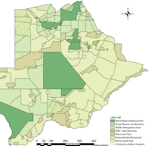 Figure 1. Land use zones in Botswana. Map of the two main land use zones: the Conservation Zones (green colours) consisting of protected areas and Wildlife Management Areas, and the Agricultural Zones (brown colours) consisting of communal grazing land, fa