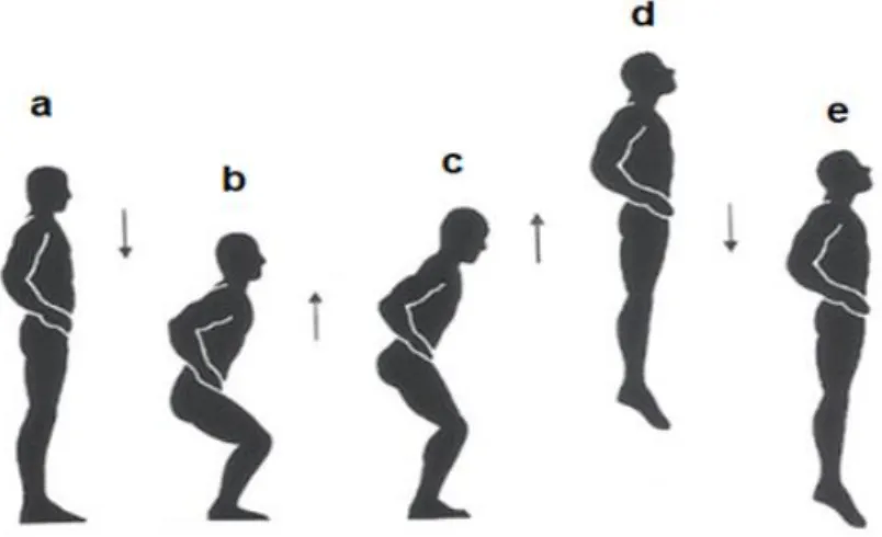 Figura 2 - Fases do movimento no salto com contramovimento (SCM): a- posição inicial; b- fase  descendente; c- fase ascendente; d- fase de voo; e- fase de aterrissagem
