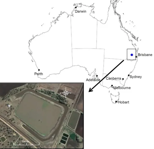 Figura 1 - Vista aérea do reservatório de irrigação utilizado neste estudo e sua localização geral no  estado de Queensland, Austrália