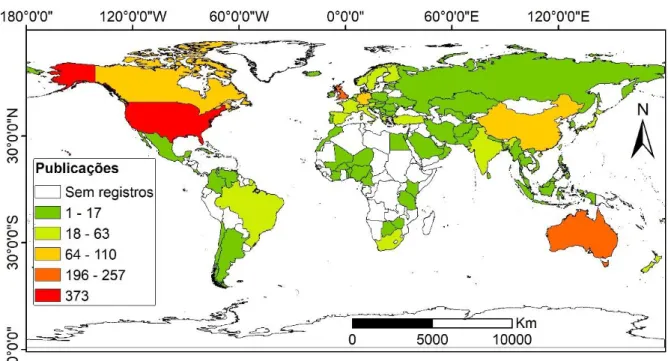 Figura 2- Distribuição mundial do número de publicações sobre mudanças climáticas e  indústria entre os anos de 1991 e 2015 