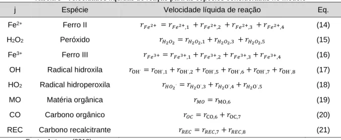 Tabela 3 - Velocidades líquidas de reação para as espécies consideradas no modelo 