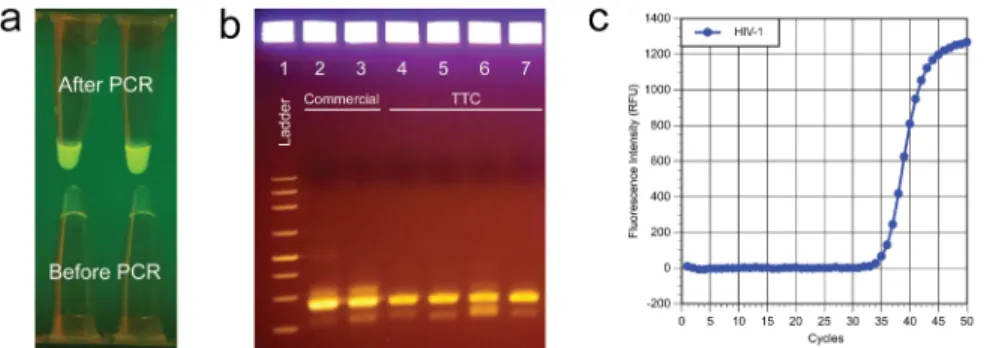 Fig 6. (a) Fluorescent signal from reactions using plastic tubes. The PCR tubes that had undergone 45 cycles of TTC RT-PCR amplification were visualized using a cell phone camera