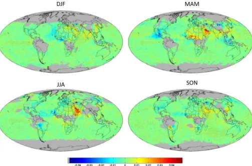 Fig. 9. Seasonal trends of SeaWiFS AOD anomaly from January 1998 to December 2010. Dots indicate significance at 95 % confidence level