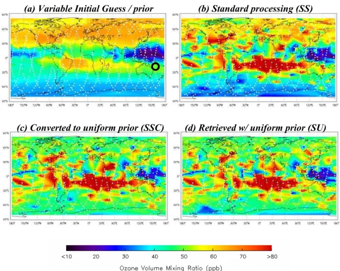 Fig. 1. TES retrieved ozone at 681 hPa. Panel (a) shows the standard globally variable TES a priori and initial states, with observation location shown with white +’s