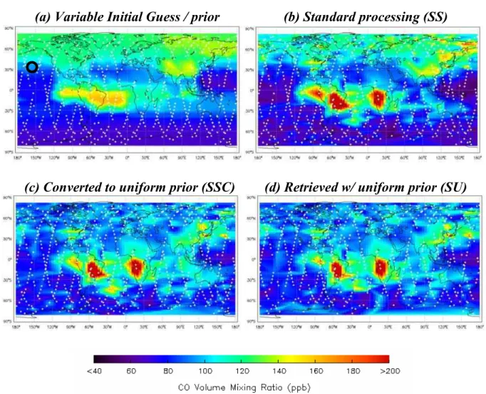 Fig. 2. TES retrieved carbon monoxide at 681 hPa. Panel (a) shows the variable TES a priori