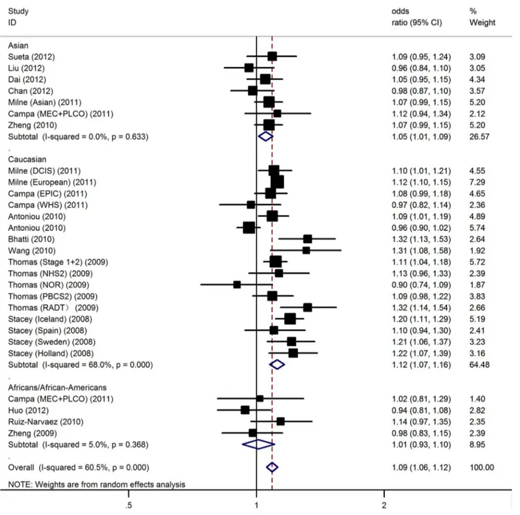 Figure 1. Forest plot for association of 5p12-rs10941679 polymorphism and BC risk.