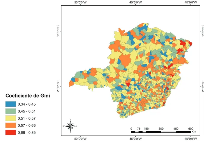 Figura 3. Mapa do coeficiente de Gini dos municípios do estado de Minas Gerais no ano de 1991