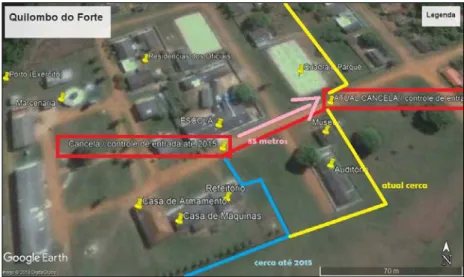Figura 4 - Em azul, a cerca anterior que ficou até o ano de 2015; em amarelo,  a cerca atual, sendo trazida 85 metros adiante