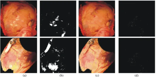 Fig. 13. Examples illustrating the performance of the correction method, (a) Original images (cropped), (b) Intensity mask of the  original images, (c) Corrected images using the proposed method, (d) Intensity mask of the corrected images 
