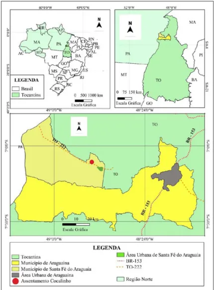 Figura 1 – Mapa do estado do Tocantins, destacando o município de Santa Fé do  Araguaia com a localização da comunidade quilombola de Cocalinho, e a cidade  vizinha, Araguaína, por onde passa a BR-153 (referência da Belém-Brasília)