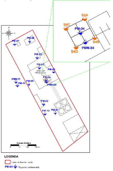 Figura 1 – Localização dos poços de monitoramento e das sondagens executadas                    para amostragem de solo