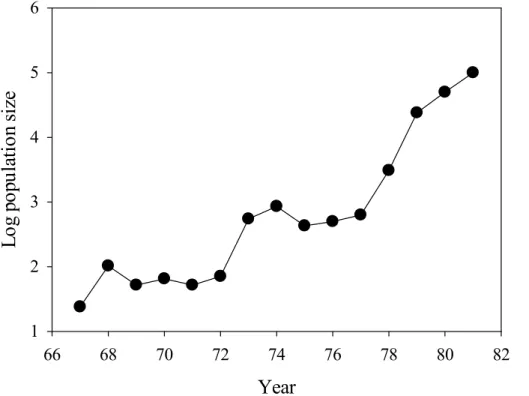 Figure 1. Increase in number of Honckenya peploides plants on Surtsey between the years 1967 and 1981 (after Fridriksson, 1992).