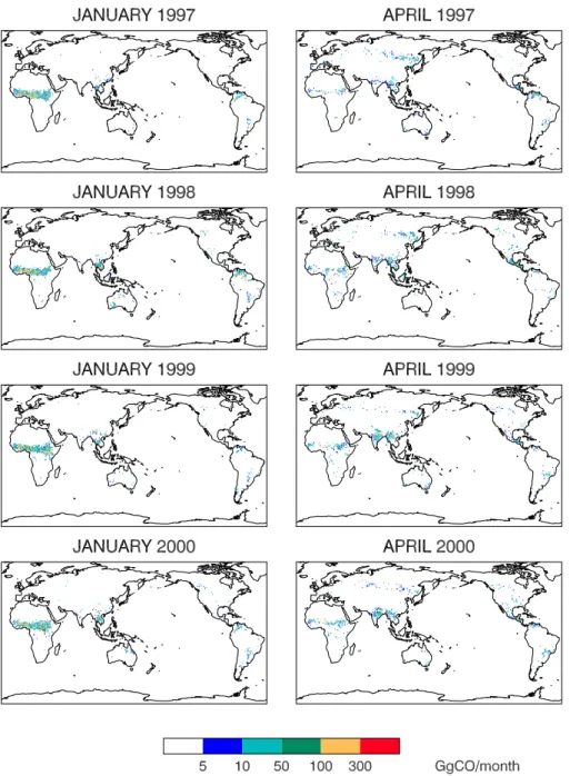 Fig. 3. Monthly global 1 ◦ ×1 ◦ emissions of carbon monoxide from forest and savanna burning for January and April 1997–2000 after applying the scale factors derived from the ATSR active fire observations (unit: GgCO/month)