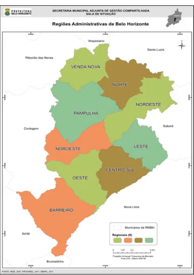 Figura 1: Subdivisões gerenciais (regiões administrativas) do município de Belo Horizonte, MG