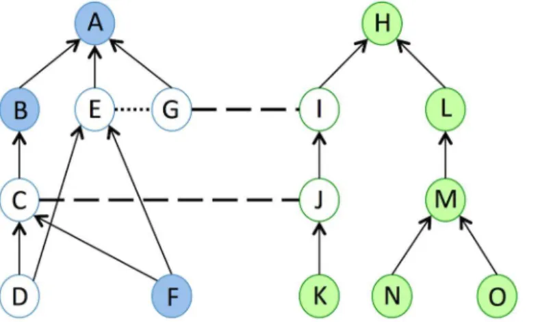 Fig 1 shows an example of an alignment between two abstract ontologies, where the white circles represent computed core fragments as per Definition 1