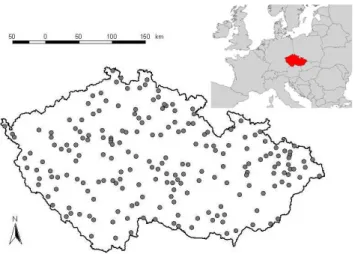 Fig. 1. 209 climatological stations available for a regional fre- fre-quency analysis of heavy precipitation amounts in the Czech  Re-public.