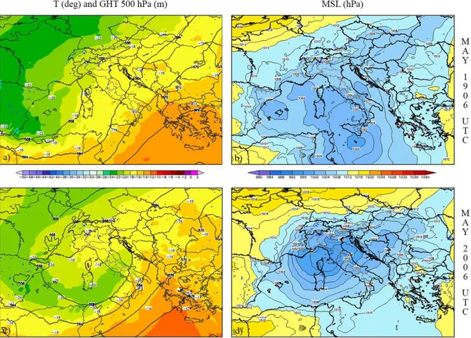 Figure 1. European Center for Medium-Range Weather Forecasts (ECMWF) analyses at 06:00 UTC on 19 May 2008: (a) temperature and geopotential height, at 500 hPa, and (b) mean sea level pressure and surface wind in m s −1 ; ECMWF analyses at 06:00 UTC on 20 M