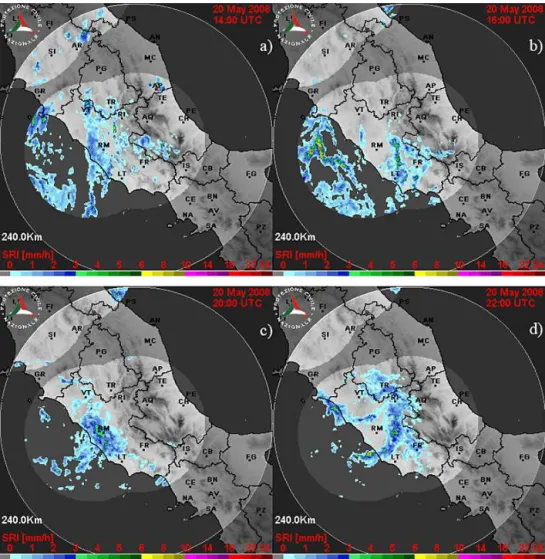 Figure 2. Estimated surface rainfall intensity (mm h) by the national radar network in central Italy on 20 May 2008: (a) SRI at 14:00 UTC;