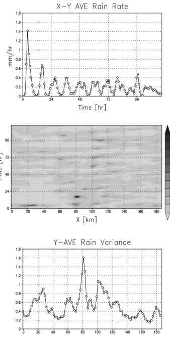 Fig. 13. Rain rate for convection with a barrier of 1000 m at 90 km along the x direction