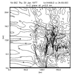 Fig. 7. Horizontal velocity field u at 2 hrs. for the down-slope windstorm with idealised orography