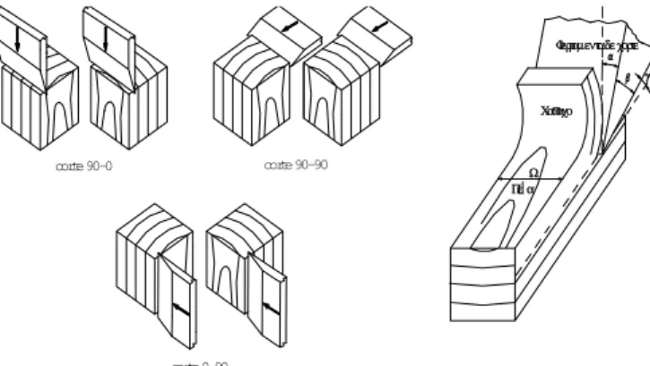 Figura 1. Principais tipos de corte ortogonal, ângulos de corte e componentes das forças (Néri et al, 1999)