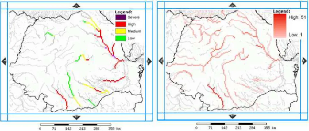 Fig. 3. Example of an EFAS threshold exceedance map based on deterministic forecasts (left) and an EPS-based map showing the number of EPS above EFAS high alert (right).