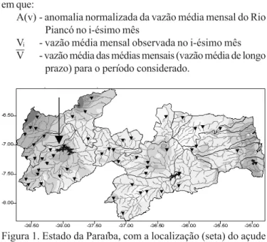 Figura 1. Estado da Paraíba, com a localização (seta) do açude Coremas afluente ao Rio Piancó, considerado neste trabalho a oeste do Estado