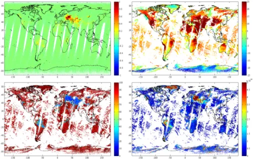 Fig. 6. From top to bottom and from left to right: HRI (no unit), thermal contrast (K), relative error (%) and NH 3 total columns (molec cm − 2 ) with posterior filtering, for 15 August 2010 in the morning, as in Fig