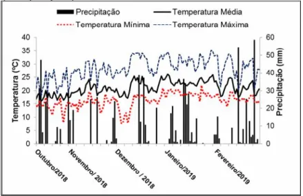 FIGURA  2 – Temperatura  mínima,  média  e  máxima  e precipitação pluviométrica na safra 2018/2019.