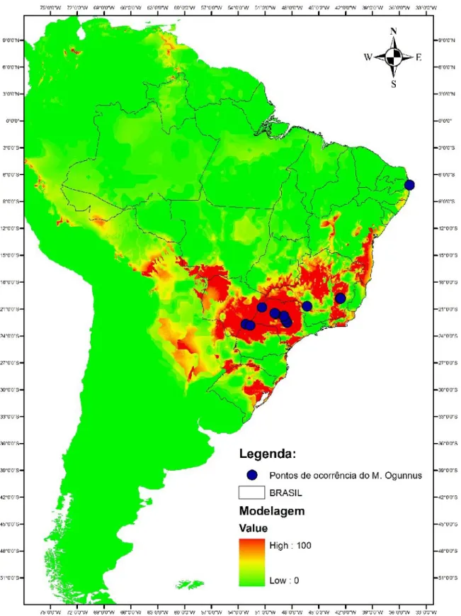 FIGURA 1: Modelagem de Distribuições do M. ogunnus no Brasil. As áreas em vermelho representam áreas de maior probabilidade de ocorrência