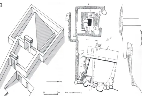 Figura 3: reconstrução, plano e seção da tumba de Amenemhat ,  príncipe de Teh-khet (SÄVE-SÖDERBERGH, 1991, p