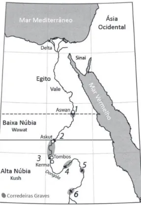 Figura 1:Mapa do rio Nilo cortando o Egito e a Núbia. Os números  correspondem às cataratas