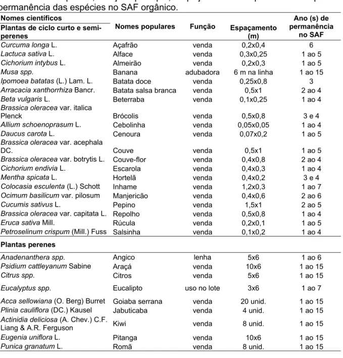 TABELA  2-  Espécies,   função   principal,   espaçamento   de   plantio   e   tempo   de permanência das espécies no SAF orgânico.