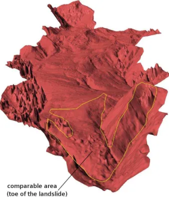 Figure 6. Altitude difference [m] at the toe (MVS -TLS)  A comparison of the DGPS-measured ground control points and  a derived orthophoto from the entire MVS-based model showed  a significant planar misfit over the 815 m DTM-length of 6 m in  west  to  ea