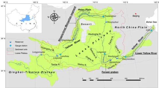 Fig. 1. Location map of the Yellow River basin showing major hydrological gauge stations, reservoirs, and sediment sink zones.