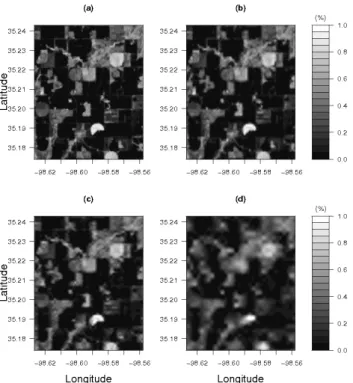 Fig. 2. Two dimensional wavelet spectra [P m −1 ] for the (a) frac- frac-tional vegetation and (b) radiometric temperature fields.