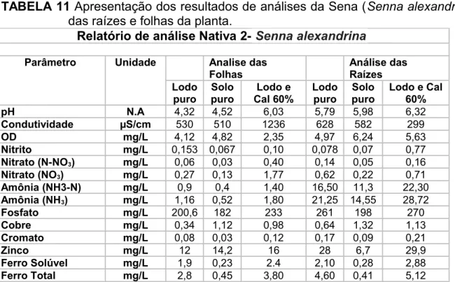 TABELA 11 Apresentação dos resultados de análises da Sena (Senna alexandrina)  das raízes e folhas da planta.